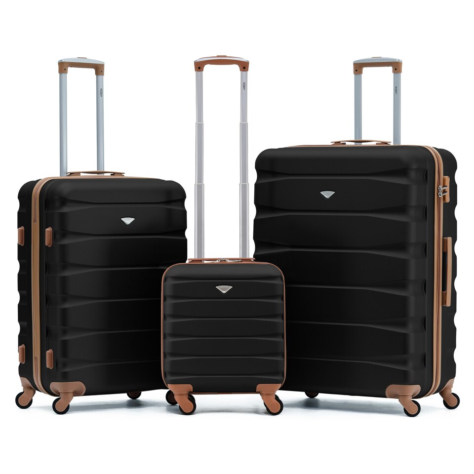 image 1 of Flight Knight Suitcase Sets 3 Piece, Large Suitcase, Extra Large Suitcase, easyJet Cabin Bag 45x36x20cm Underseat Carry On, 100+ Airlines Approved - BA, Ryanair | Black | Black/Tan | Large