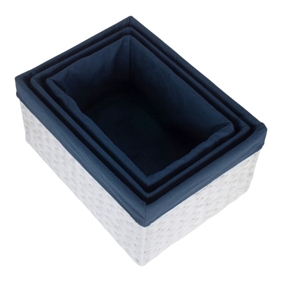image 1 of Set of 3 Paper Rope Rectangular Storage Basket with Navy Blue Cotton Lining | Blue | Blue | Not provided