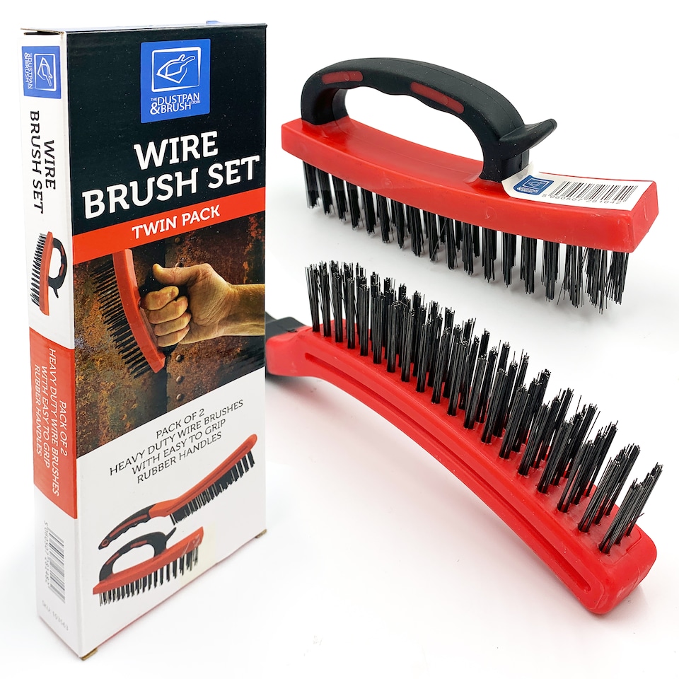 image 1 of Heavy Duty Wire Brush Set Steel Bristle Long Handle, D-Grip Block Rust & Paint Removal Kit