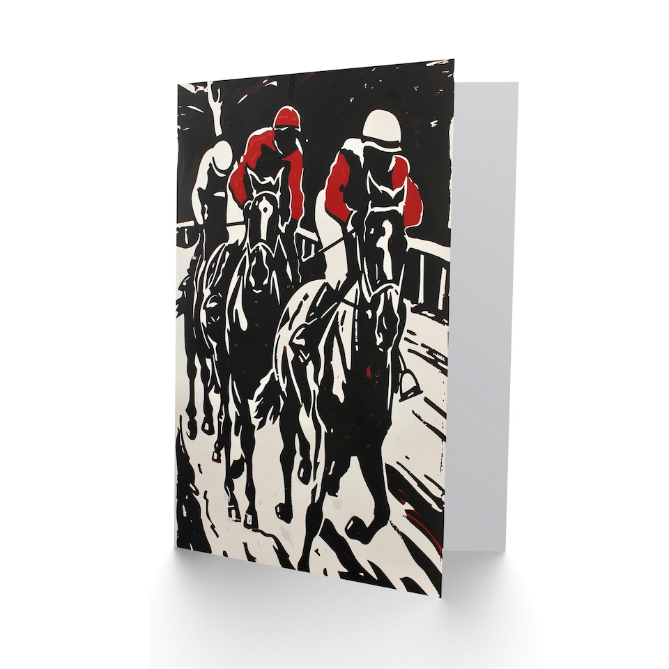 image 1 of Jockeys Racing Scene Red Modernist Horse Him Her Birthday Card