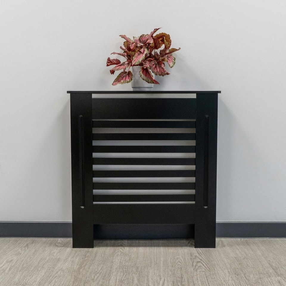 image 1 of JSH Radiator Cover Black Horizontal Slat Wood MDF - Small - 78cm (W) x 81.5cm (H) x 19cm (D) | Black