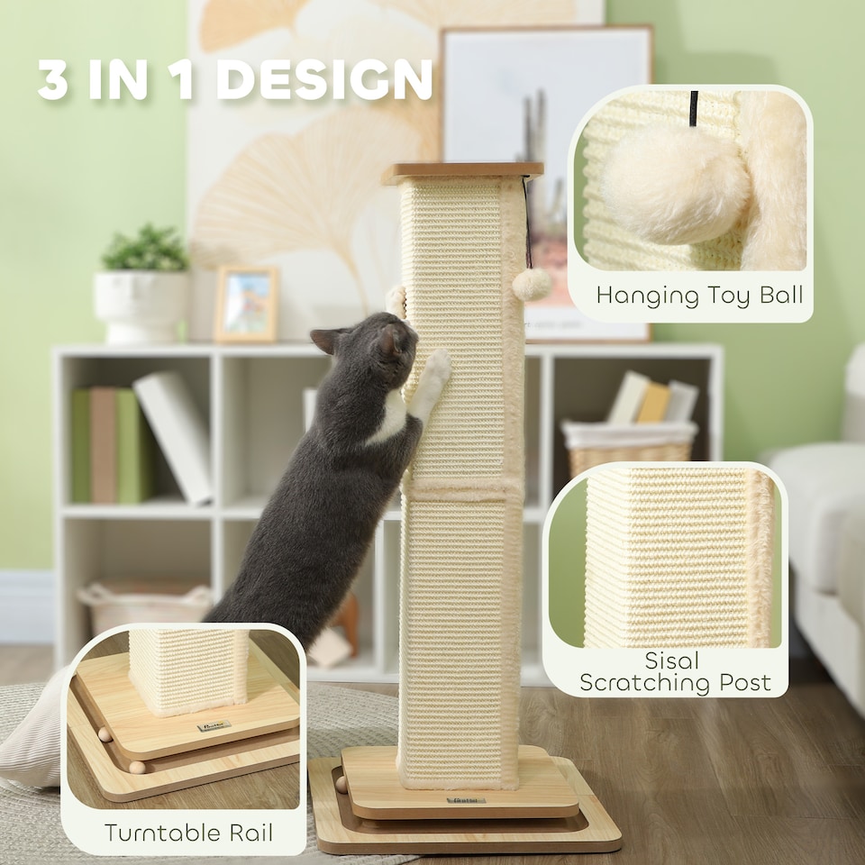 image 1 of PawHut 3-in-1 Cat Scratcher Post with Sisal Track Ball Toy, Light Oak