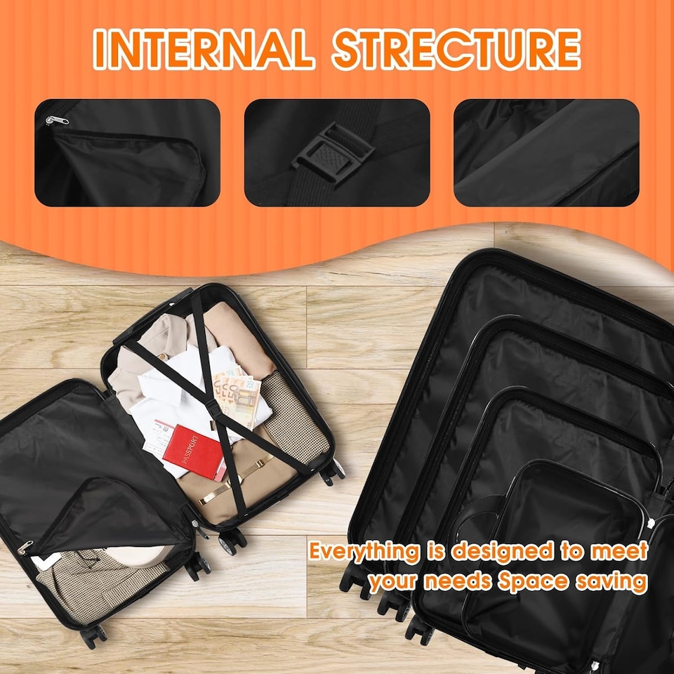 image 1 of 4 Piece Travel Luggage Sets with 360° Spinner Wheels | Black | Black