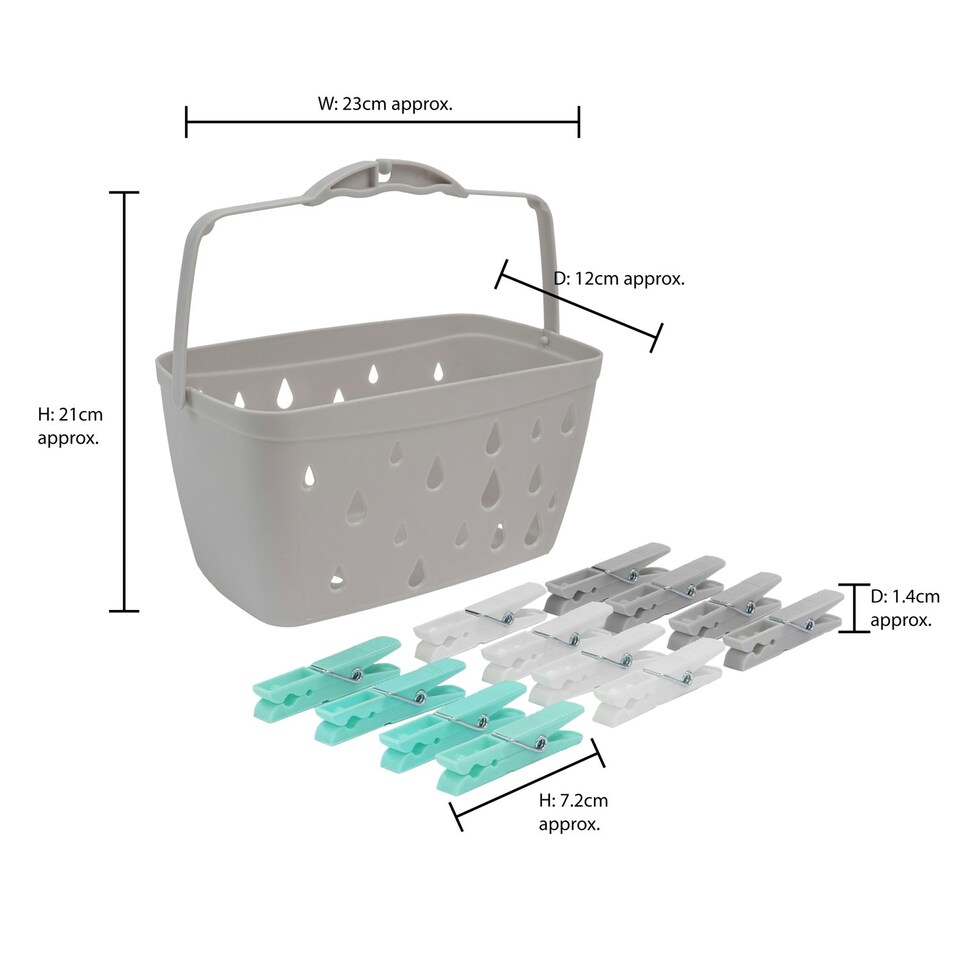image 1 of JVL Plastic Peg Basket, Grey with 100 Strong Hold Plastic Pegs, Aqua