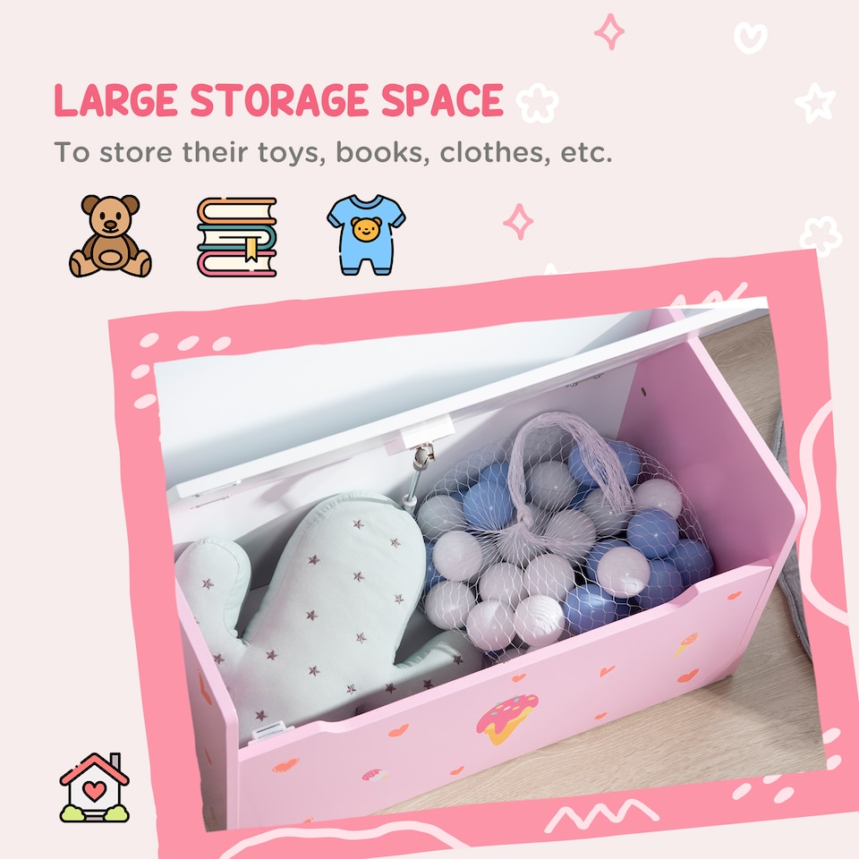 image 1 of ZONEKIZ 2 in 1 Wooden Kids Storage Bench, Toy Box w Safety Rod - Pink | Pink | 1