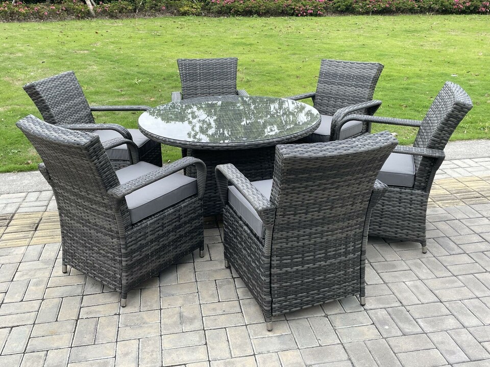 image 1 of Fimous Rattan Garden Furniture Dining Set Table And Chairs Wicker Patio Outdoor 6 chairs plus big round table