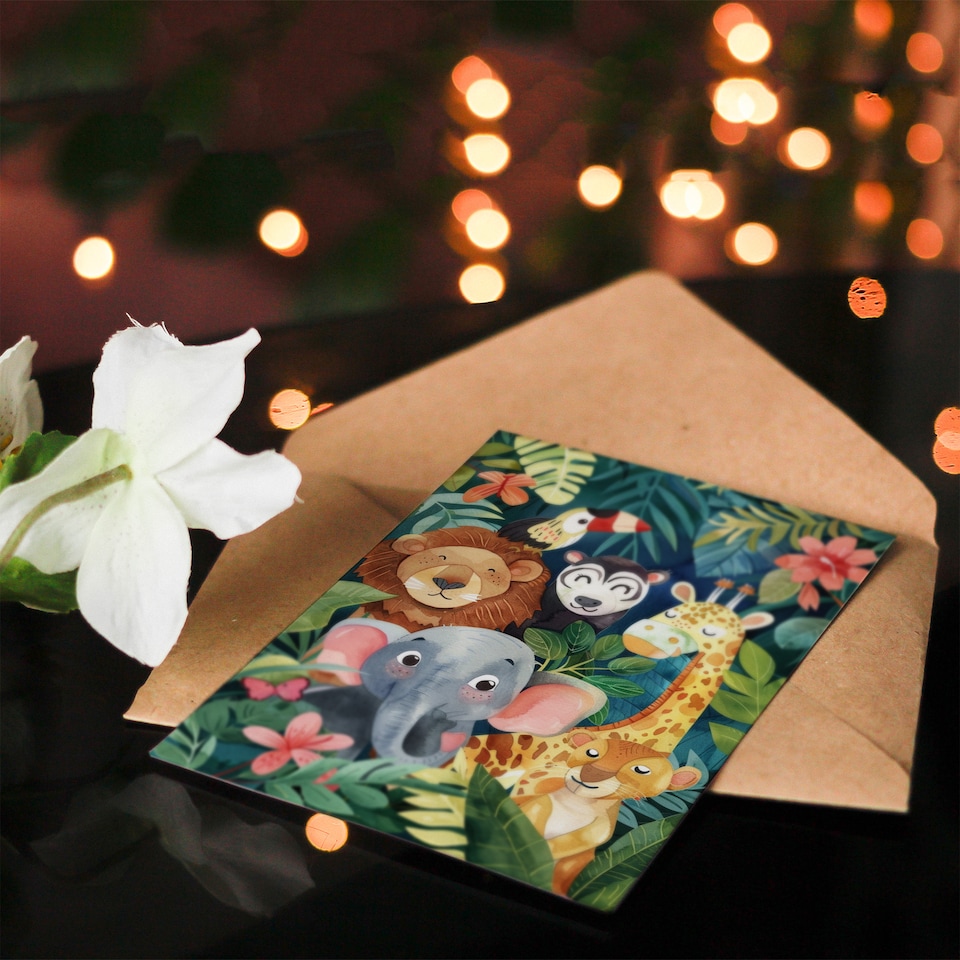 image 1 of Cute Happy Jungle Animals Watercolour Painting Birthday Card