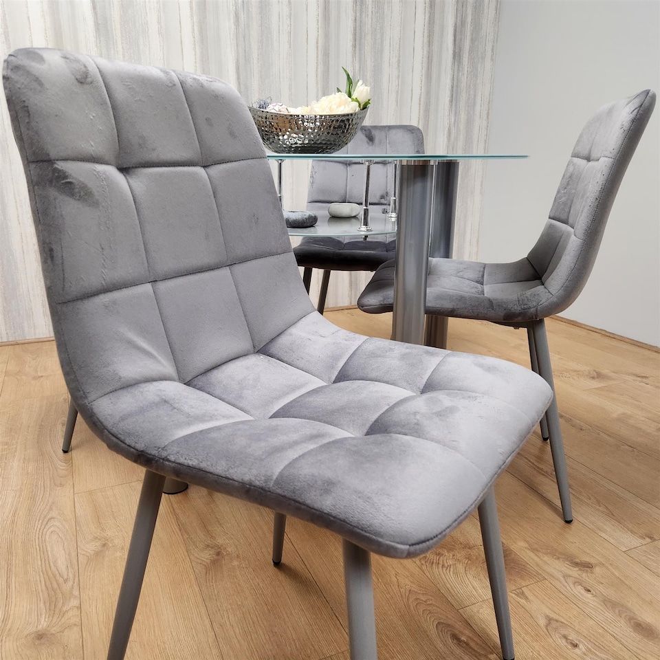 image 1 of Dining Table And 4 Chairs Grey Round Table With 4 Grey Velvet Chairs Dining Room Furniture