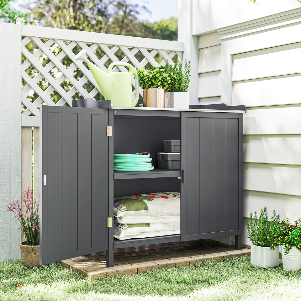 image 1 of Outsunny Wood Garden Storage Cabinet, Outdoor Tool Shed with Galvanised Top and Two Shelves, Potting Bench Table for Garden Tools or Pool Accessories, Grey