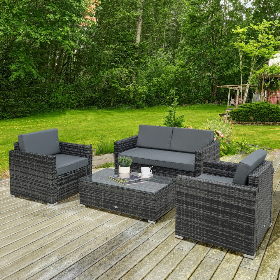 image 1 of Outsunny 4PC Rattan Sofa Set Outdoor Coffee Table Chair Wicker Garden Grey