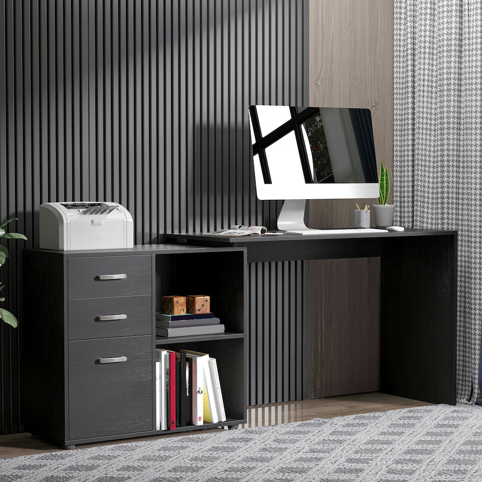 image 1 of HOMCOM Computer Desk Table Workstation L Shape File Cabinet Black Home Office