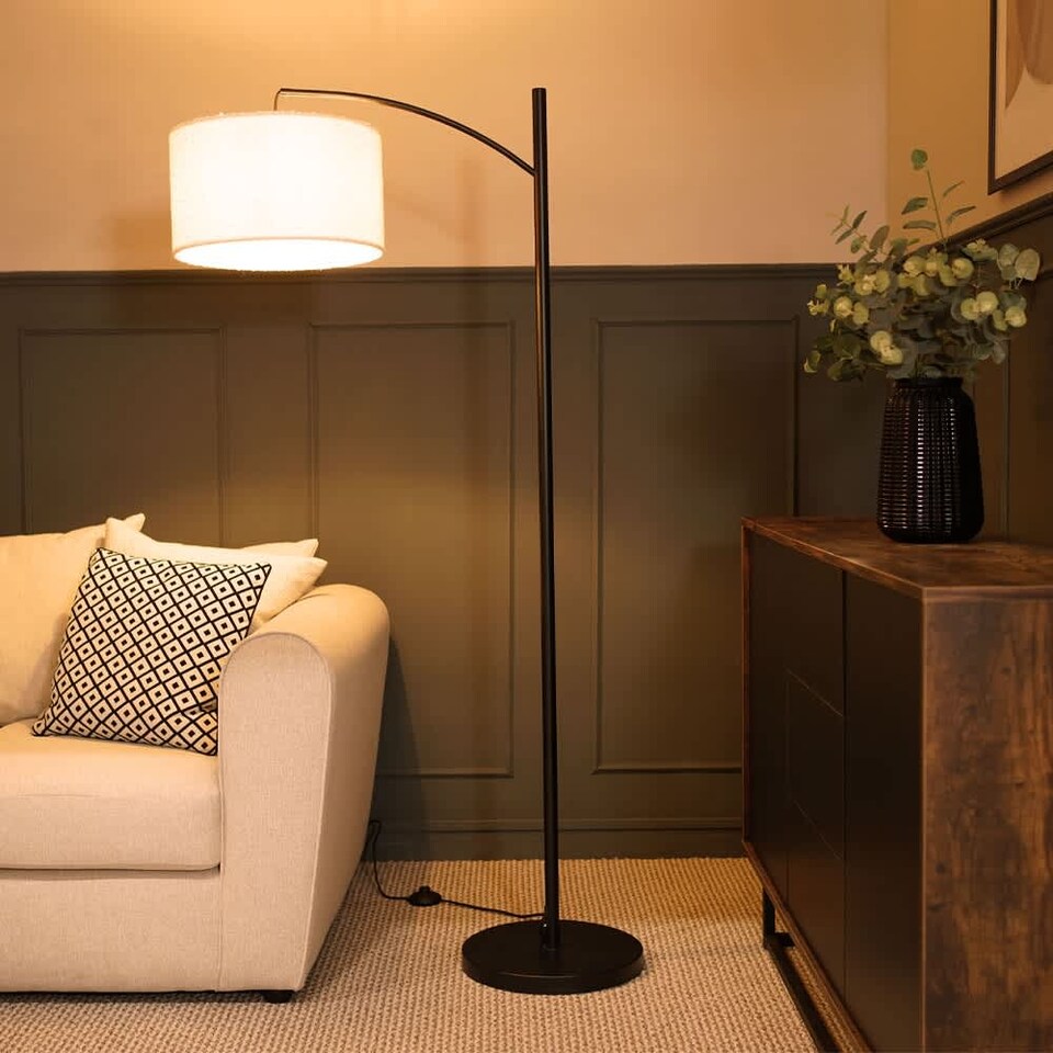 image 1 of ValueLights Preto Black Metal Curve Stem Floor Lamp with a Cream Boucle Shade - Bulb Included | Cream