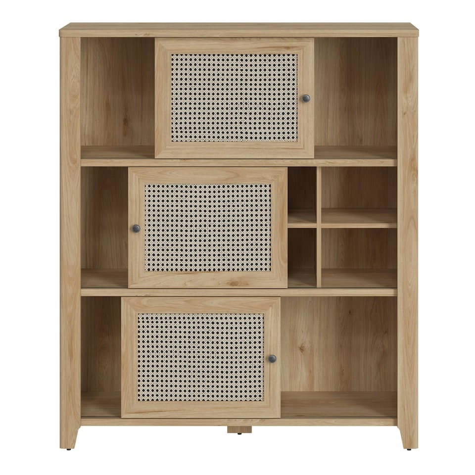 image 1 of Cestino 3 Sliding Door Cabinet in Jackson Hickory Oak and Rattan Effect