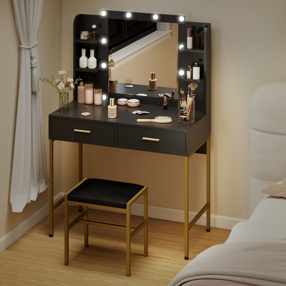 image 1 of HOMCOM Dressing Table with Lighted Mirror, Cushioned Stool, Drawers, Shelves, LED Makeup Vanity Desk Set, Modern Dresser Vanity Table for Bedroom, Black