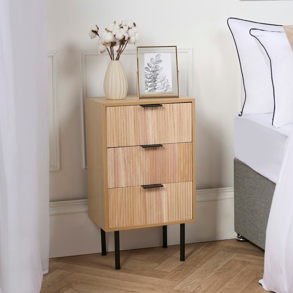 image 1 of OHS 3 Drawer Modern Ribbed Office Side Bedroom Nightstand Bedside Table Brown | Natural Wood