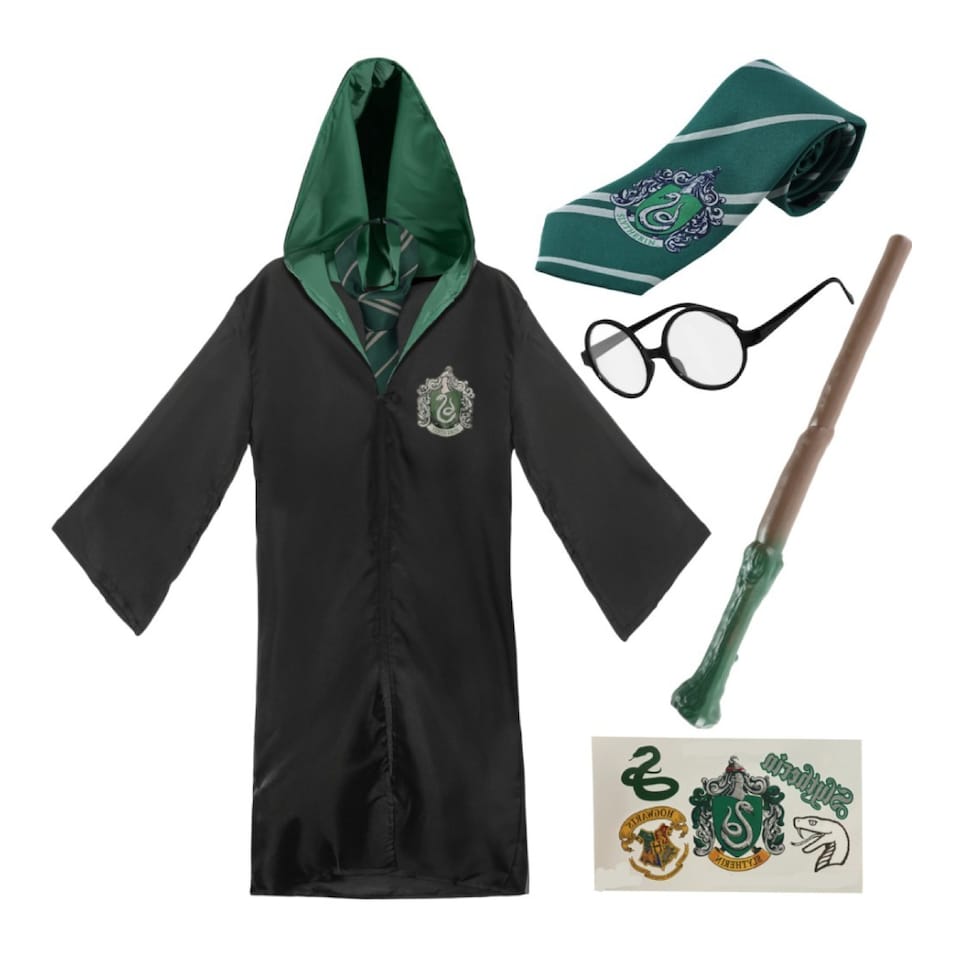 image 1 of Harry Potter Costume - Slytherin Cloak, Tie, Tattoos, Glasses & Wand | Multi | S