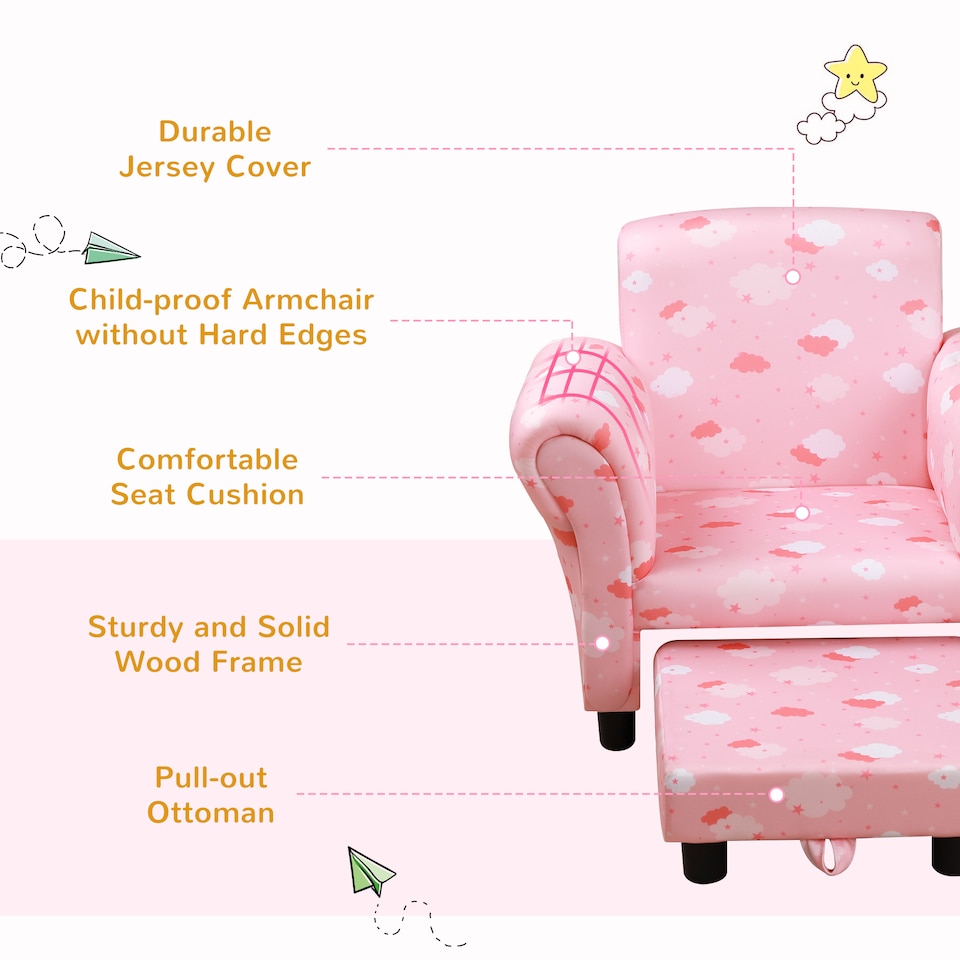 image 1 of HOMCOM Kids Armchair Children Mini Sofa Wood Frame w Footrest Cute Cloud Star | Pink | One Size