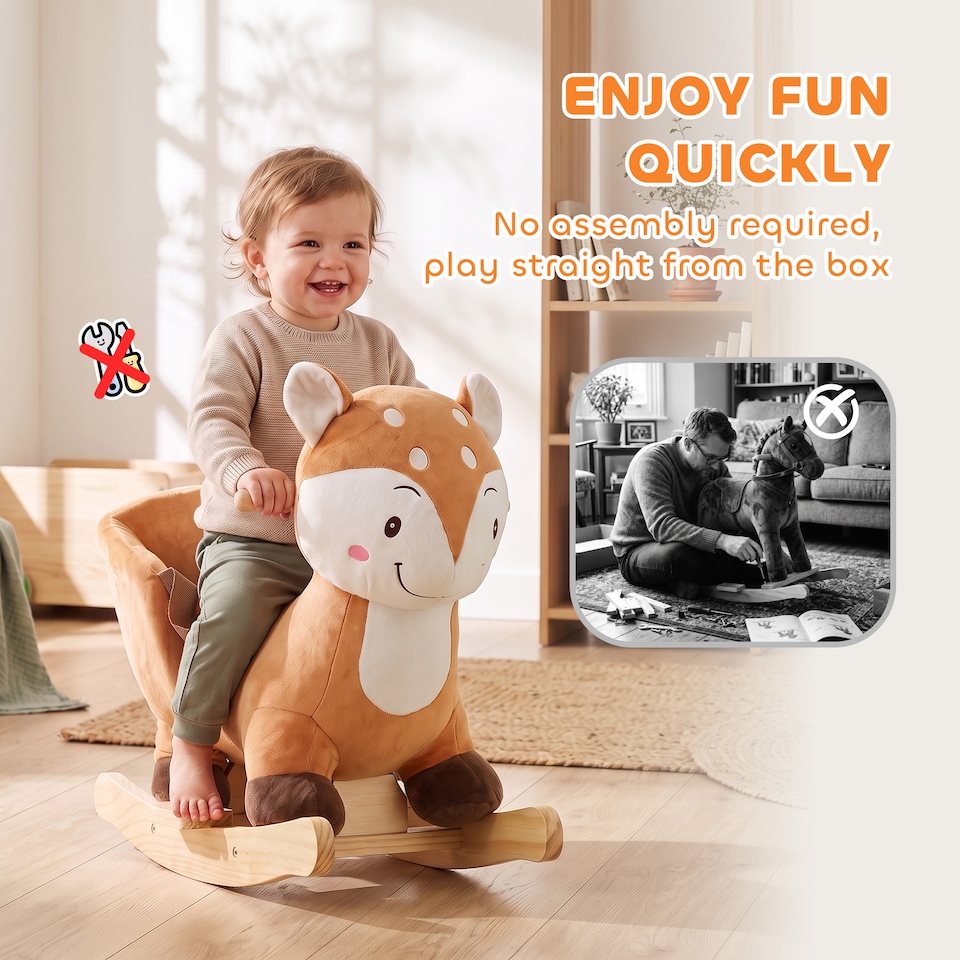 image 1 of AIYAPLAY Rocking Horse, Ride on Horse Deer Design with Animal Sounds, Brown