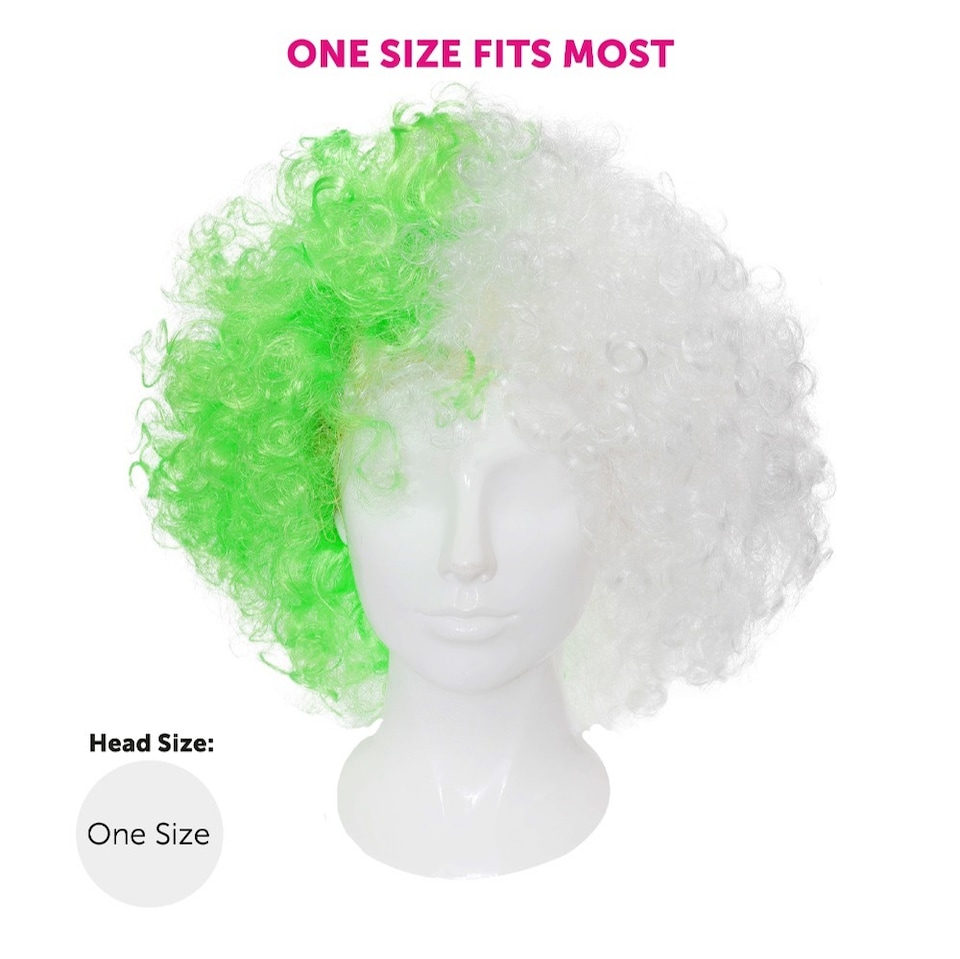 image 1 of Supporters Green and White Curly Wig | Green | 24