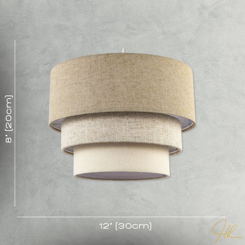 image 1 of Contemporary Round Triple Tier Beige and Oatmeal Linen Pendant Shade