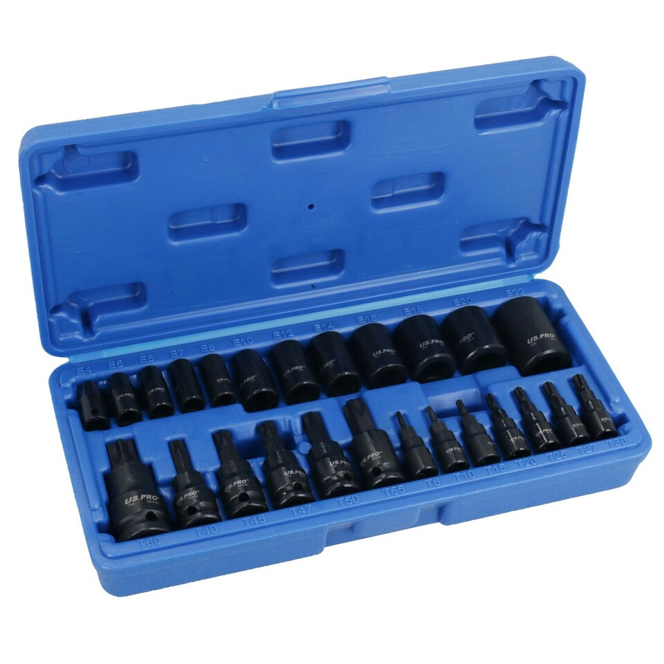 image 1 of 25pc Male + Female Impacted Impact Torx Star E Sockets T8 - T60 + E4 - E22