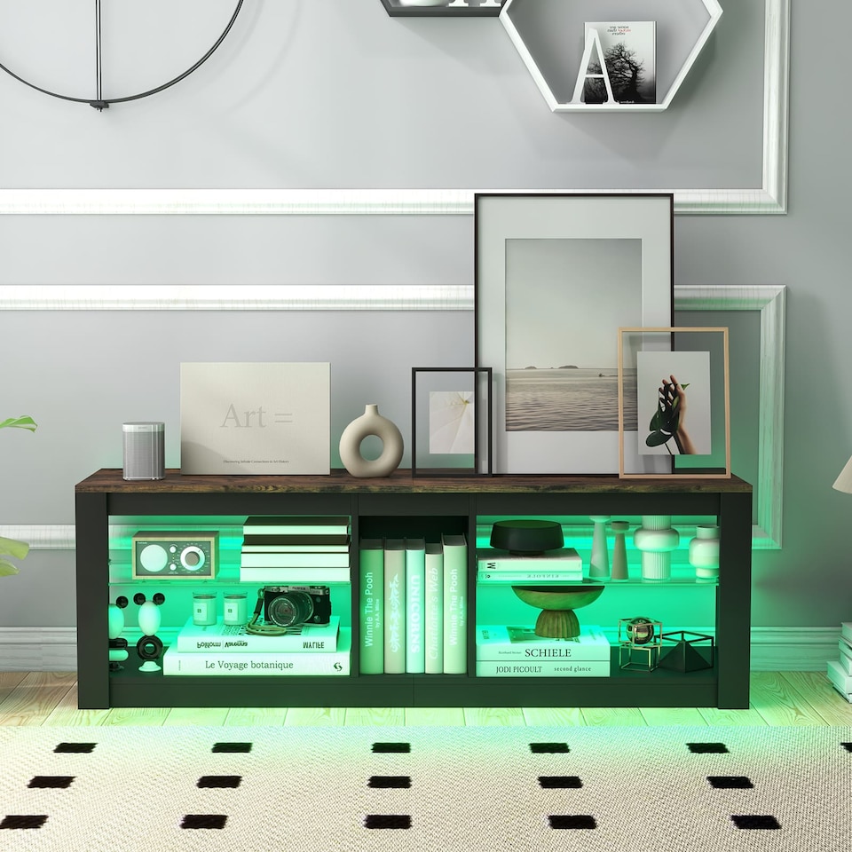 image 1 of COSTWAY TV Stand LED Light for 65 Inch Modern Media Console Table Shelves