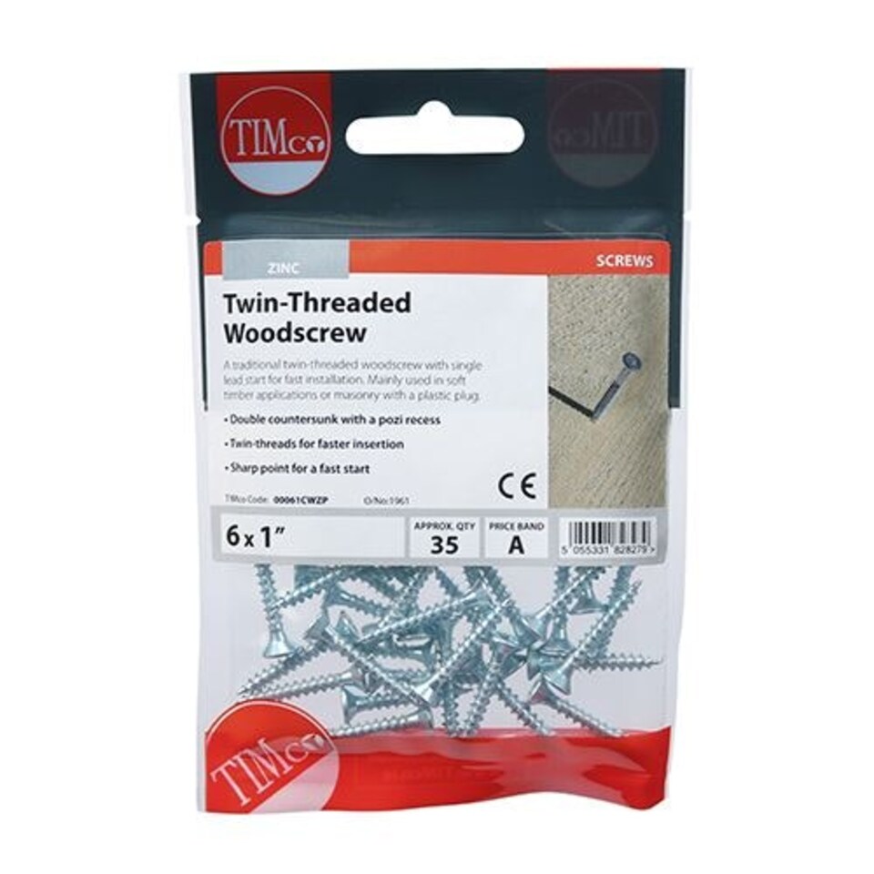 image 1 of Timco - Twin-Thread Woodscrews - PZ - Double Countersunk - Zinc (Size 6 x 1 - 35 Pieces)