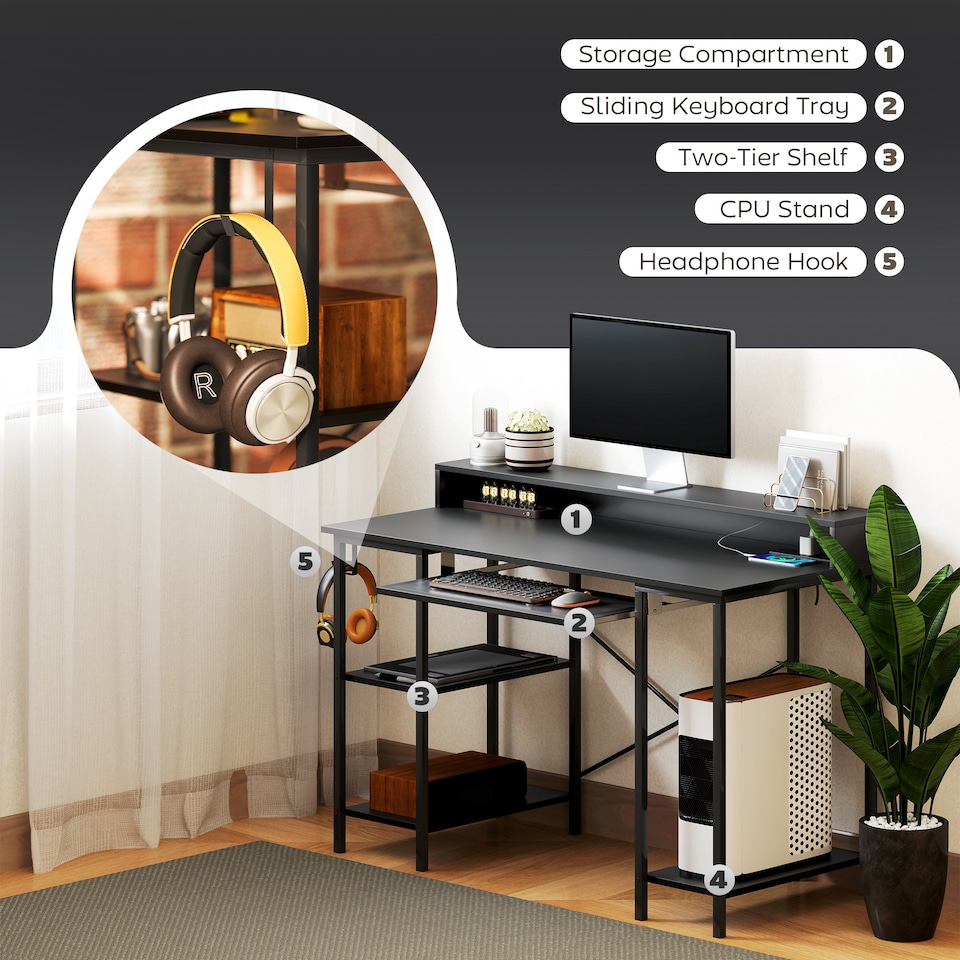 image 1 of HOMCOM Computer Desk with LED Lights and Power Outlets, 120 x 55 cm Gaming Desk with Monitor Stand, Sliding Keyboard Tray and Storage Shelves for Home Office, Black | Black