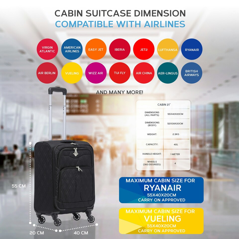 image 1 of Flight Knight Lightweight 4 Wheel 800D Soft Case Quilted Suitcase Cabin Carry On Hand Luggage Ryanair Maximum Priority Carry On Approved Black | Black | Cabin Bag