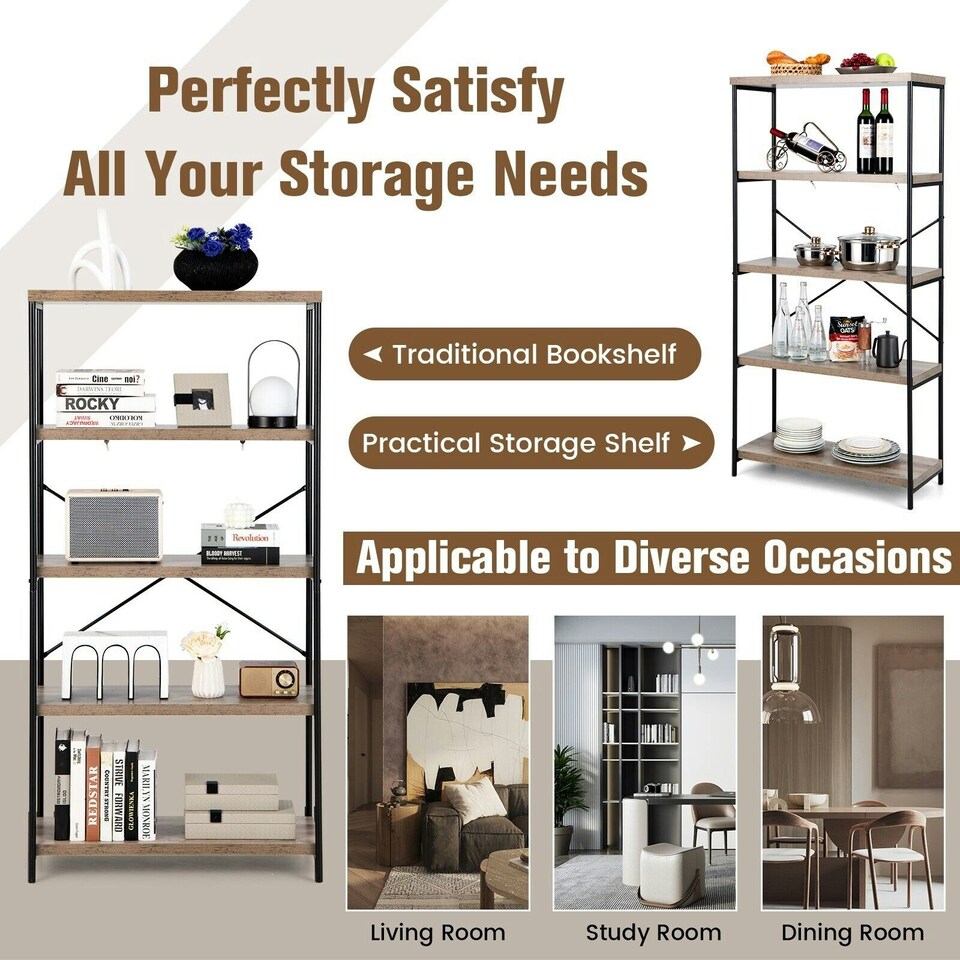 image 1 of COSTWAY 5-Tier Bookshelf Wood Bookcase Display Rack Grey Grey