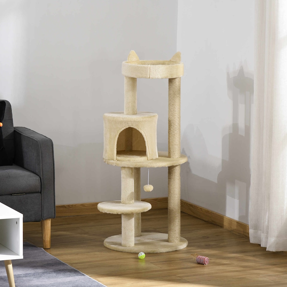 image 1 of PawHut 104cm Cat Tree Condo Tower with Scratching Post Perch Ball