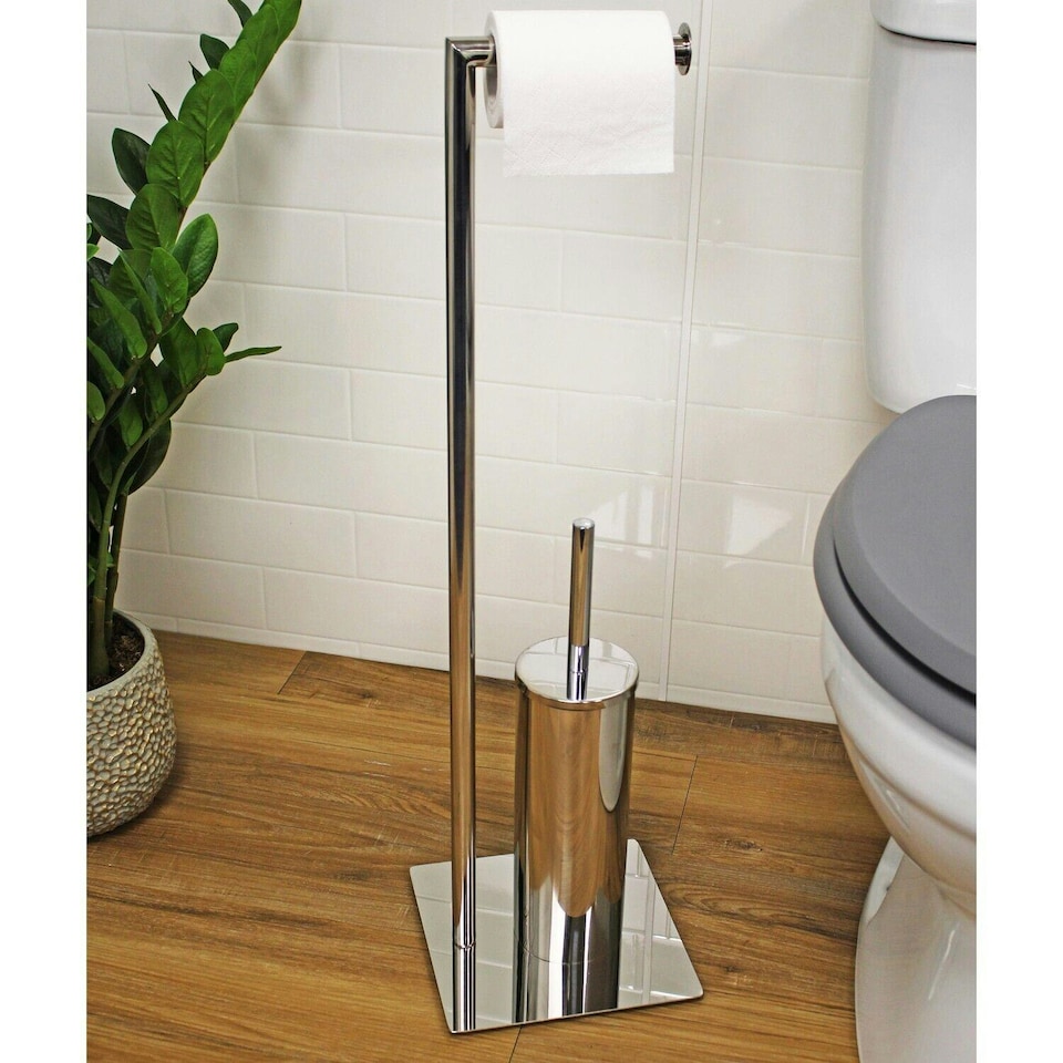 image 1 of Showerdrape Stamford Stainless Steel Chrome Toilet Roll Holder & Toilet Brush Combination