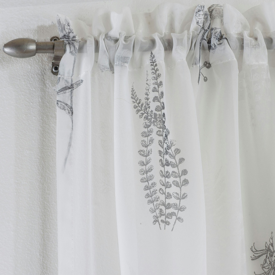 image 1 of Pair of Bracken Grey Leaf Print Voile Panels 183 cm (72 inch) Rod Pocket Panels for Bedroom and Living Room