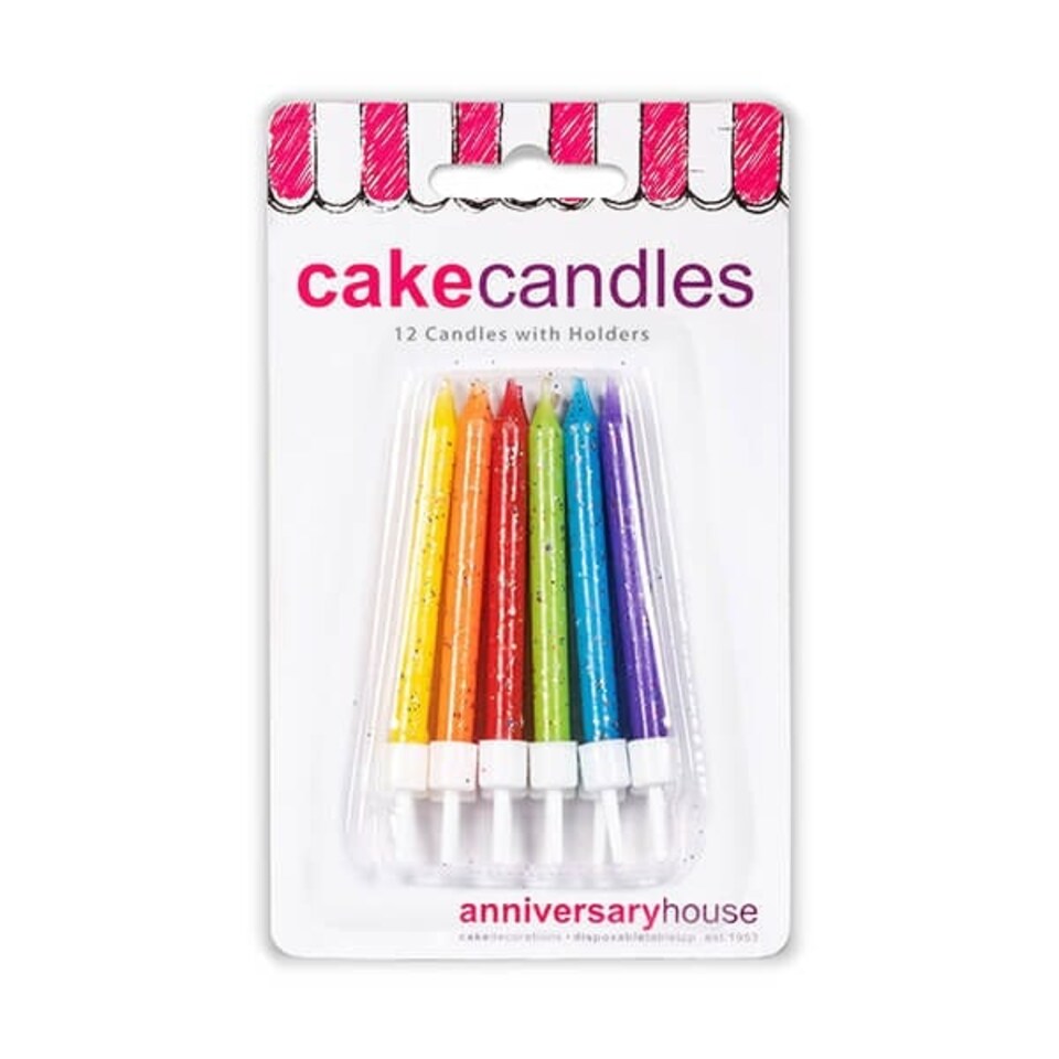 image 1 of Anniversary House Glitter Candles Multi-Coloured Rainbow Mix with Holders Pack of 12