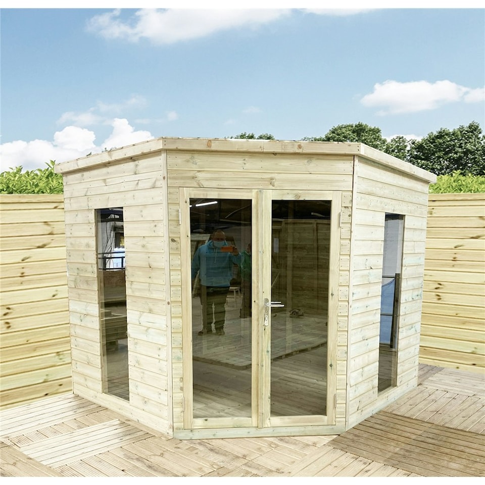 image 1 of 6 x 6 Corner Pressure Treated T&G Pent Summerhouse + Safety Toughened Glass + Euro Lock with Key (6' x 6' / 6ft x 6ft) (6x6)