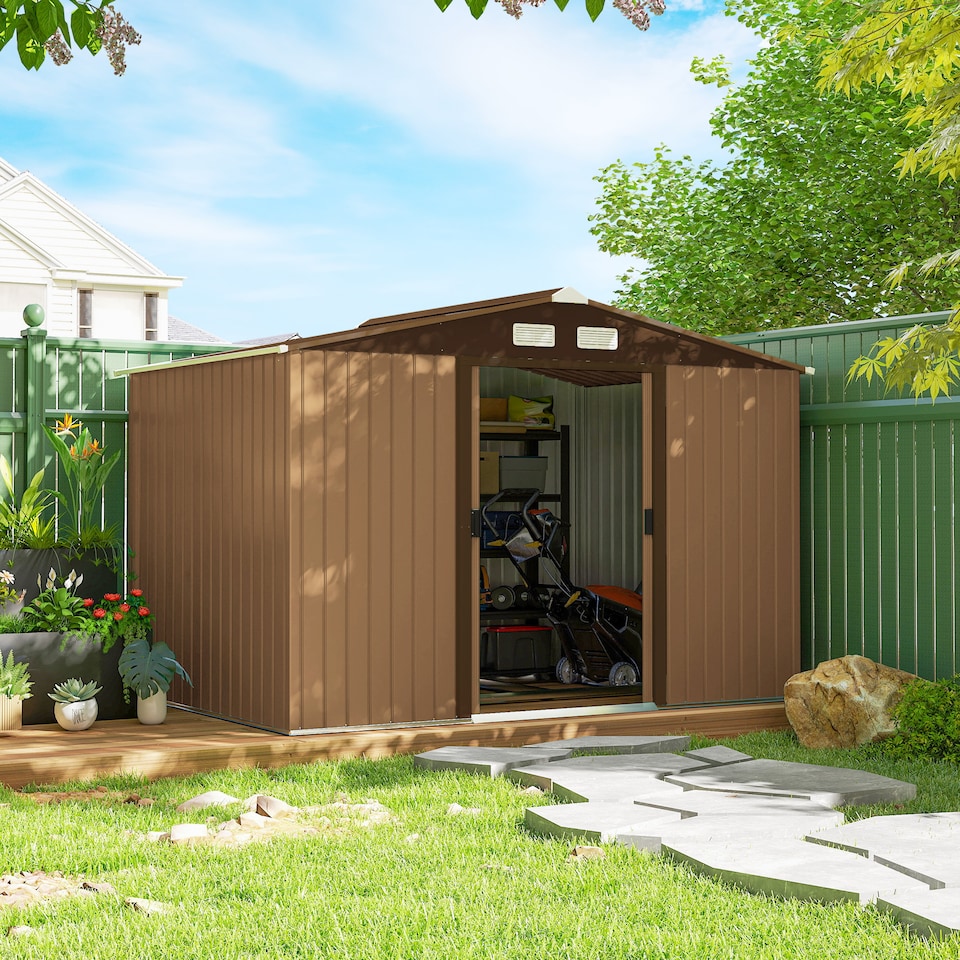 image 1 of Outsunny 9 x 6ft Metal Garden Shed, Outdoor Storage Tool House with Ventilation Slots, Foundation Kit and Lockable Double Doors, Light Brown