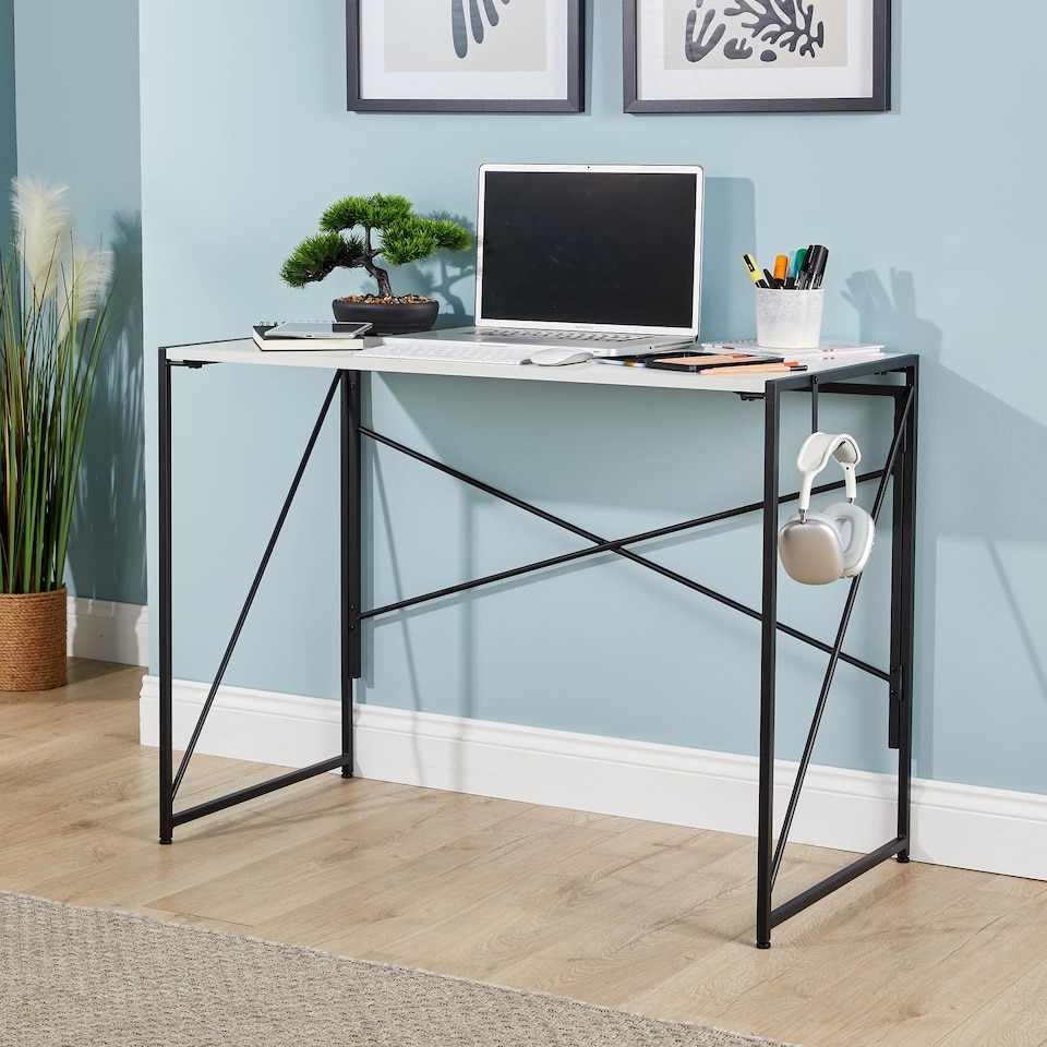 image 1 of Folding Compact Desk Storage Hook Wood Metal Office Computer Table Workstation | White
