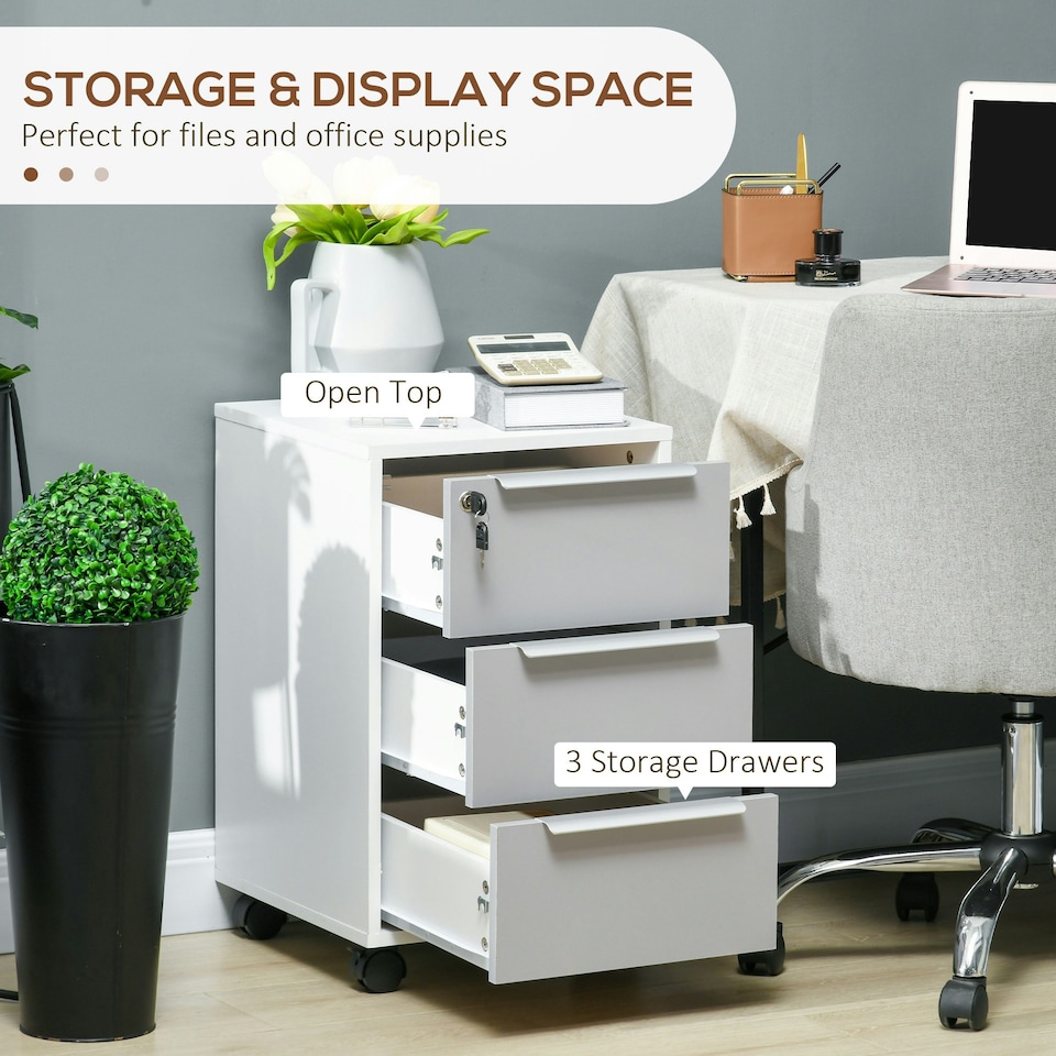 image 1 of HOMCOM Modern 3-Drawer Locking File Cabinet Mobile Filing Cabinet Grey White