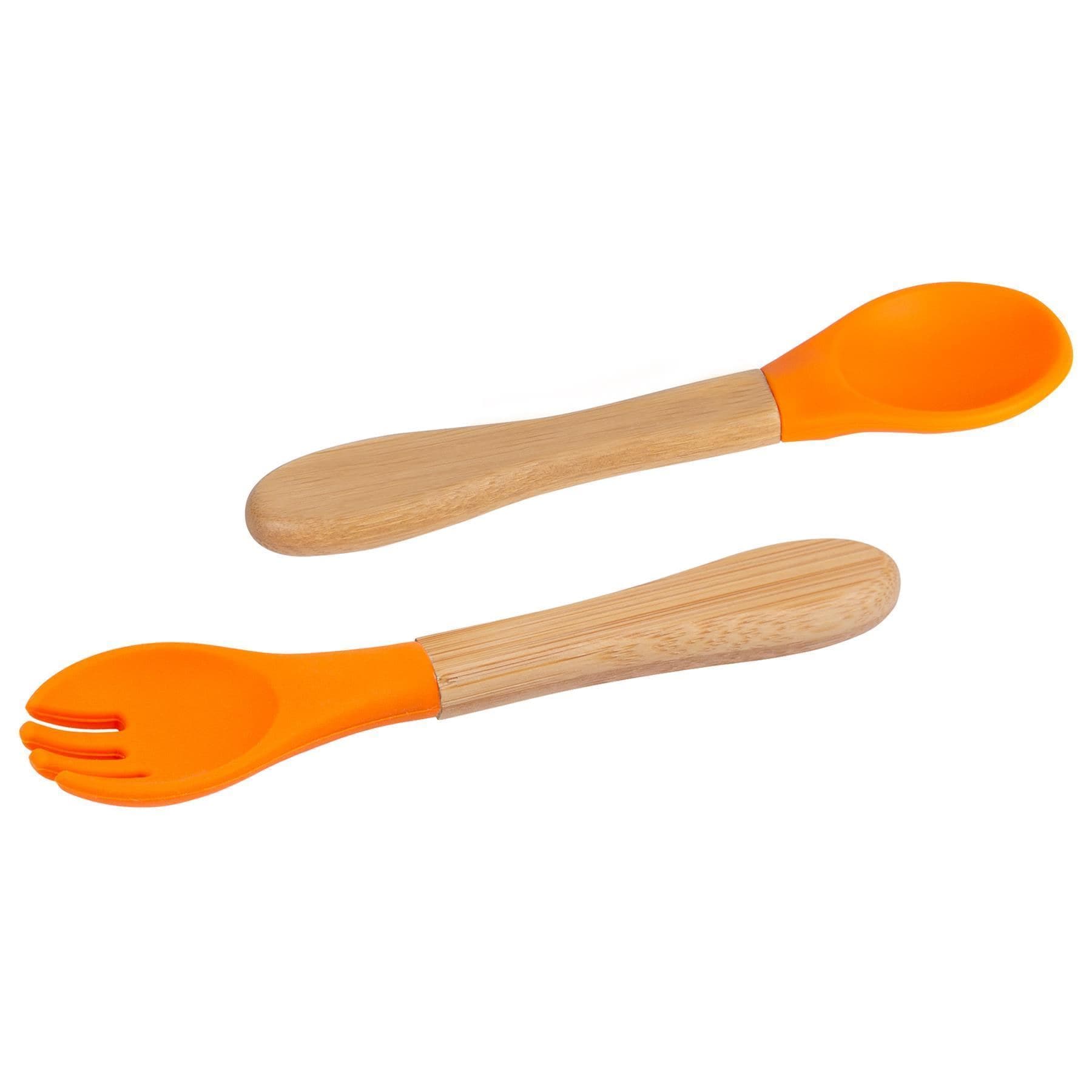 Tiny Dining Bamboo Silicone Tip Fork & Spoon Set - Orange - Children's Baby Toddler Soft Curved Feeding Weaning Cutlery