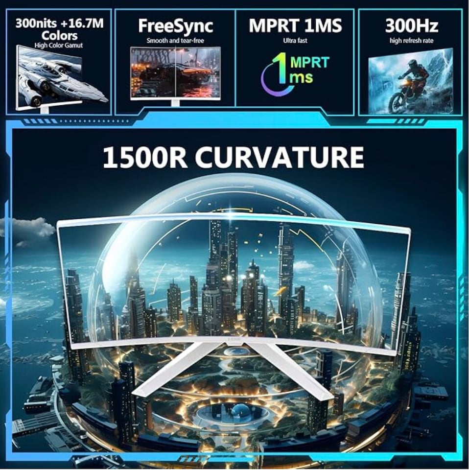 image 1 of Z-Edge 27 Inch 300Hz 240Hz Curved Gaming Monitor 1ms VA 1500R HDMI DP White | PC Monitor Full HD 1920x1080 16:9, 4000:1 Contrast, 130% sRGB, 300cd/m² Brightness, FreeSync, Crosshair, VESA Mountable