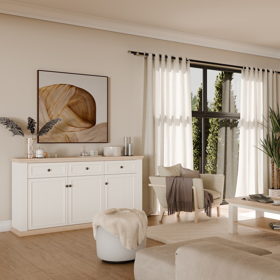 image 1 of Pontypool 3 Drawer & 3 Door Sideboard in White and Riva Oak