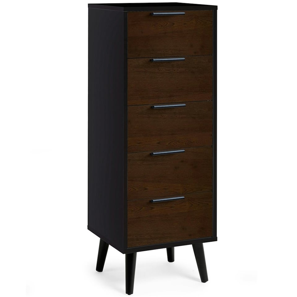 image 1 of Walnut Oak and Matt Black Narrow Chest of Drawers (5 Drawers)