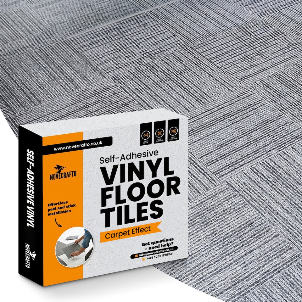 image 1 of NOVECRAFTO Peel & Stick Floor Tiles – Grey Carpet Effect, 12x12in (30.5x30.5cm), Self Adhesive, Durable, Easy Clean, Carpet Imitation Style | Grey | 4.65 sqm
