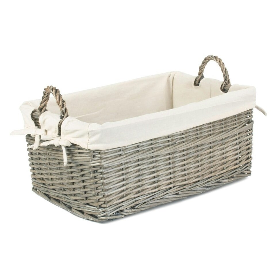 image 1 of Medium Shallow Antique Wash Lined Storage Wicker Basket | White | White