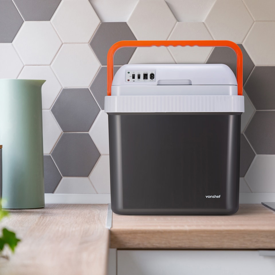 image 1 of Vonshef 24L Electric Cool Box, Insulated Cooler with Hot Cold Function | Black | White & Orange