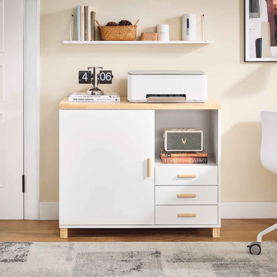 image 1 of SoBuy Printer Stand Under Desk Storage Cabinet with Open Shelf and 3 Drawers, White & Natural Wood, 35.4x17.7x29.5 in, 45.1 kg - ASK07-WN
