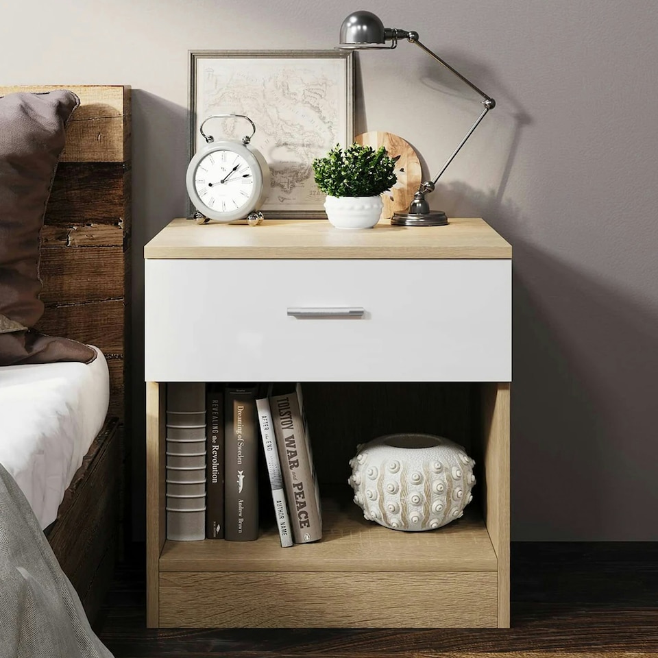 image 1 of Modern Bedside Table with Drawer and Open Shelf High Gloss In Oak and White White | Oak