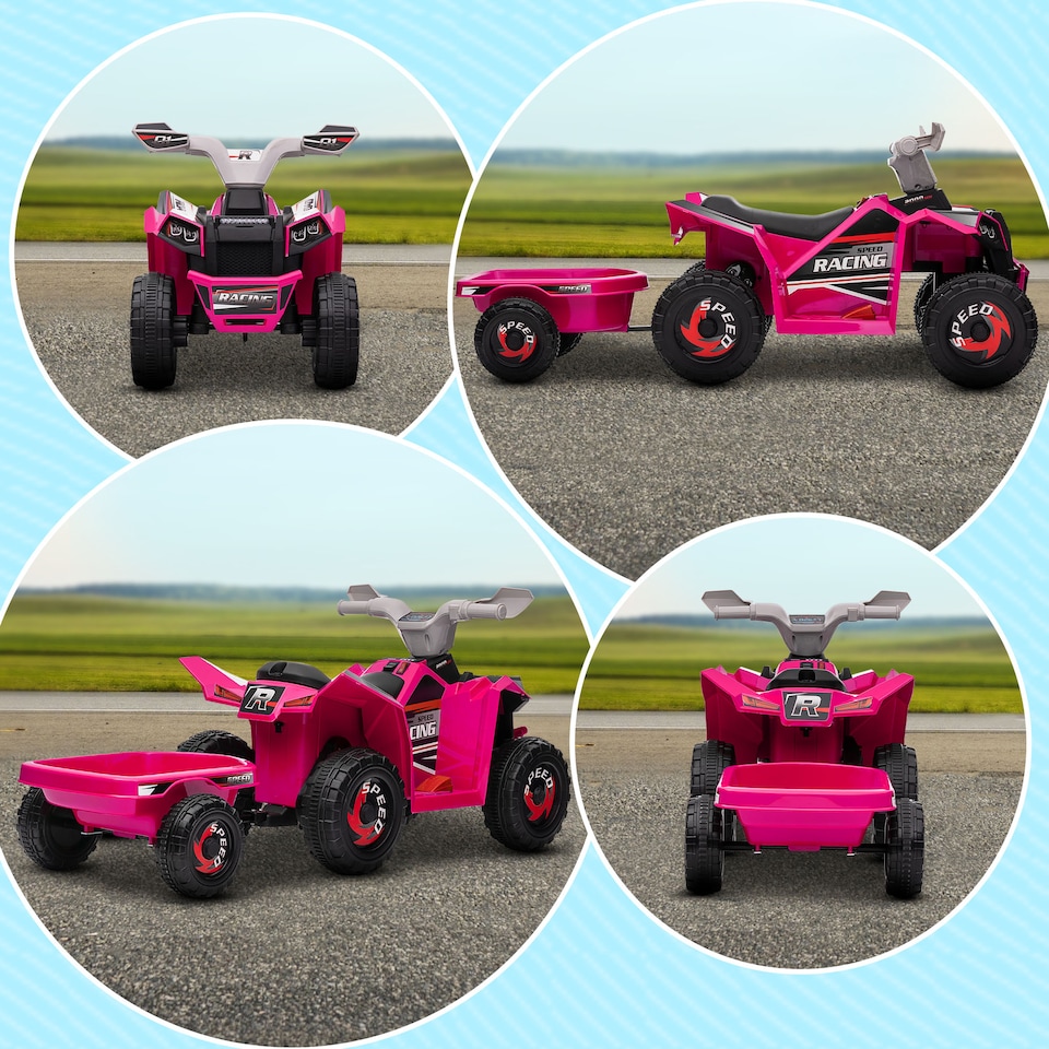 image 1 of HOMCOM Electric Quad Bike, 6V Kids Ride On All-Terrain with Back Trailer for Ages 18-36 Months - Pink