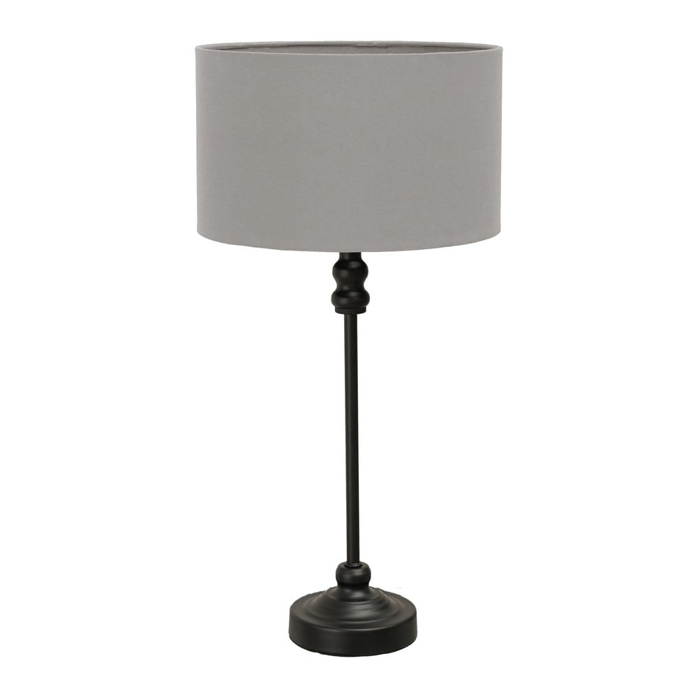 ValueLights Maggie Black Metal Candlestick Table Lamp with Fabric Drum Shade & LED Bulb in Grey