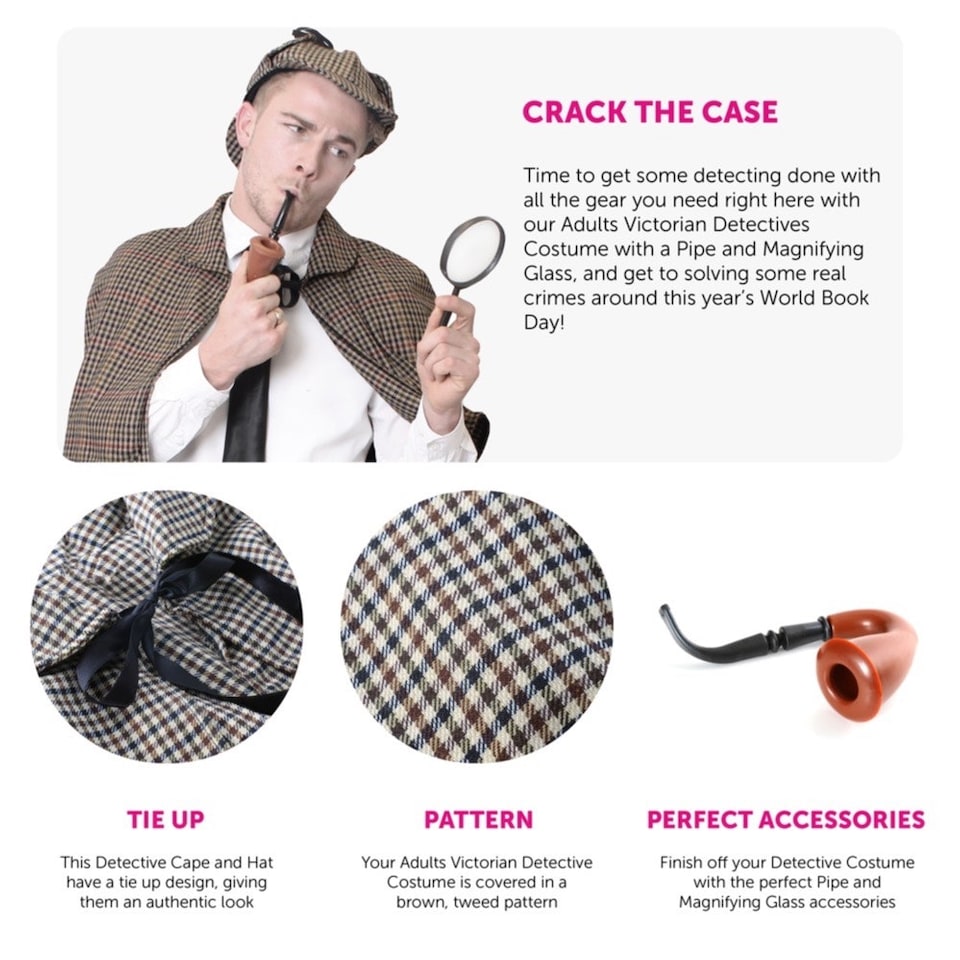 image 1 of Victorian Detective Costume with Pipe & Magnifying Glass Brown | M